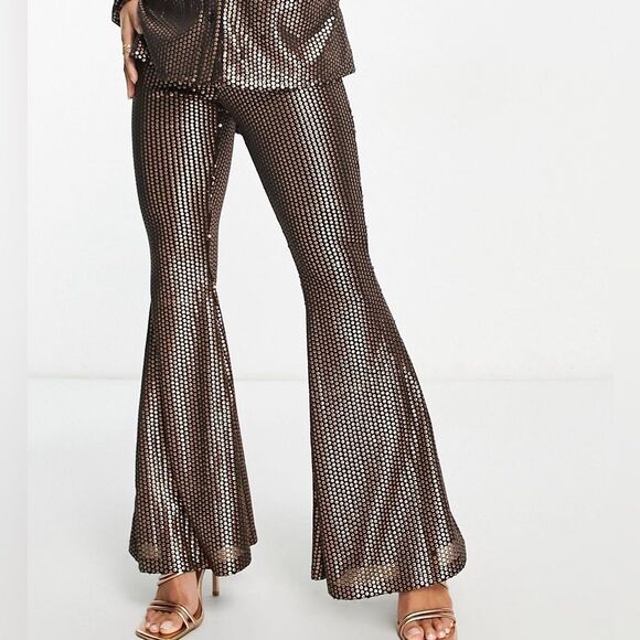 NWT ASOS Glamorous Petite High Rise Flare Pants Matte Brown Sequin US 12 Petite - Picture 1 of 11